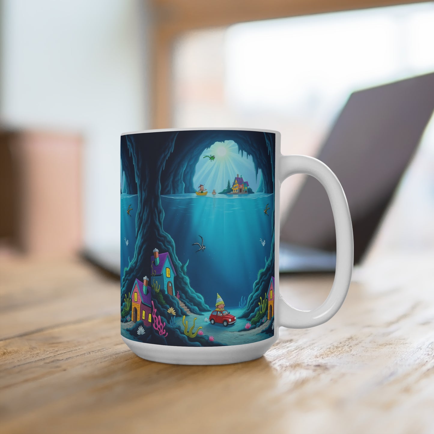 Underwater Adventure Mug 15oz - Colorful Ocean Scene with Houses