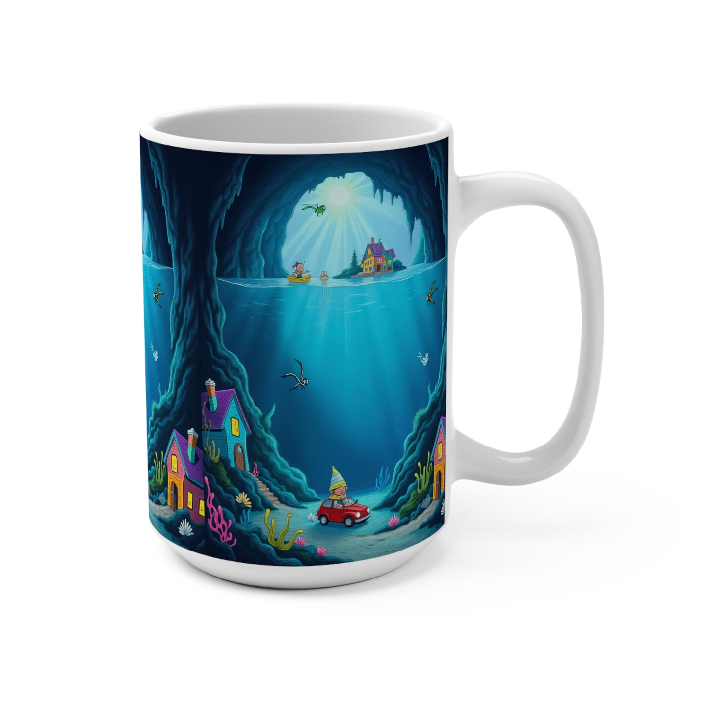 Underwater Adventure Mug 15oz - Colorful Ocean Scene with Houses