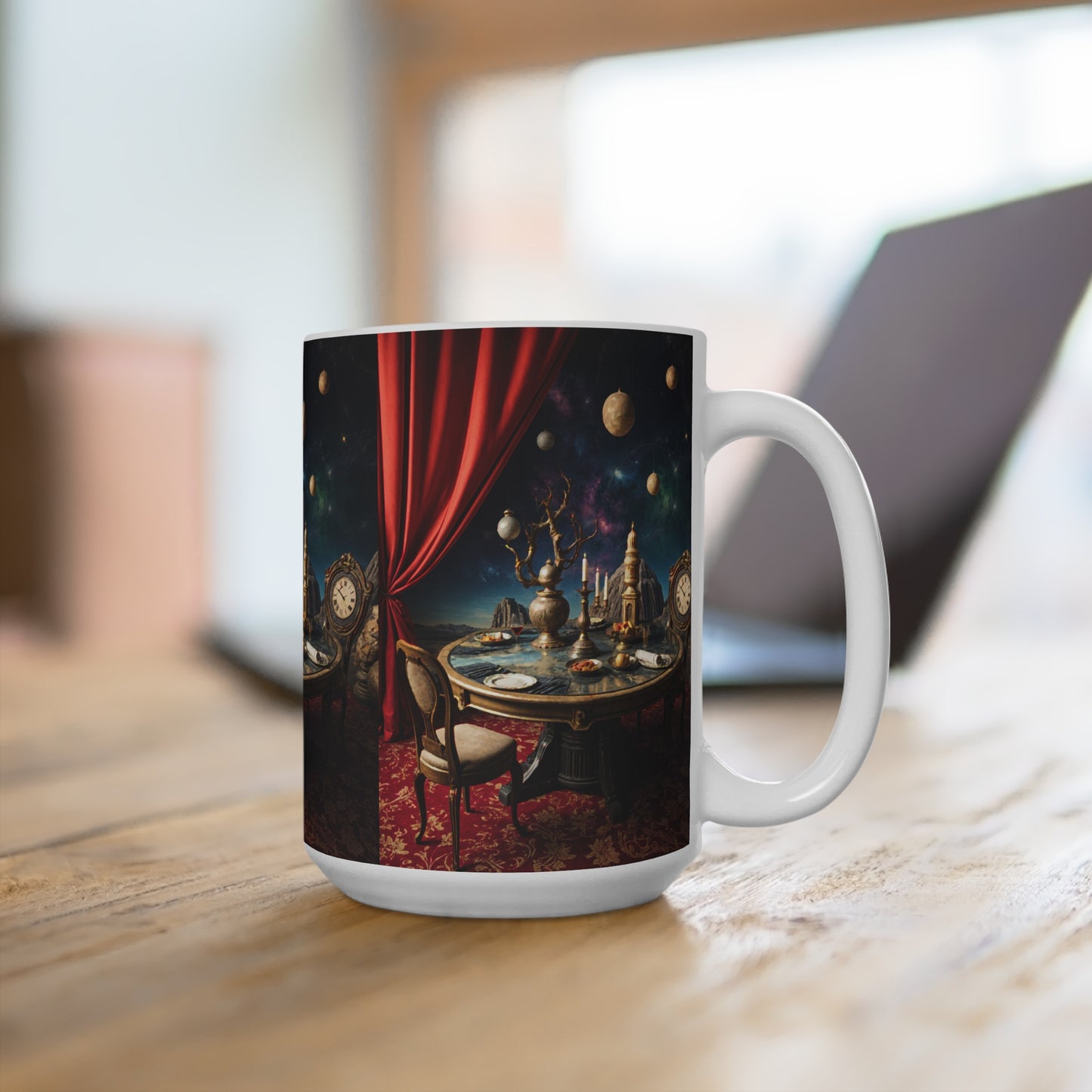Elegant 15oz Cosmic Mug - Vintage Table Scene with Celestial Accents