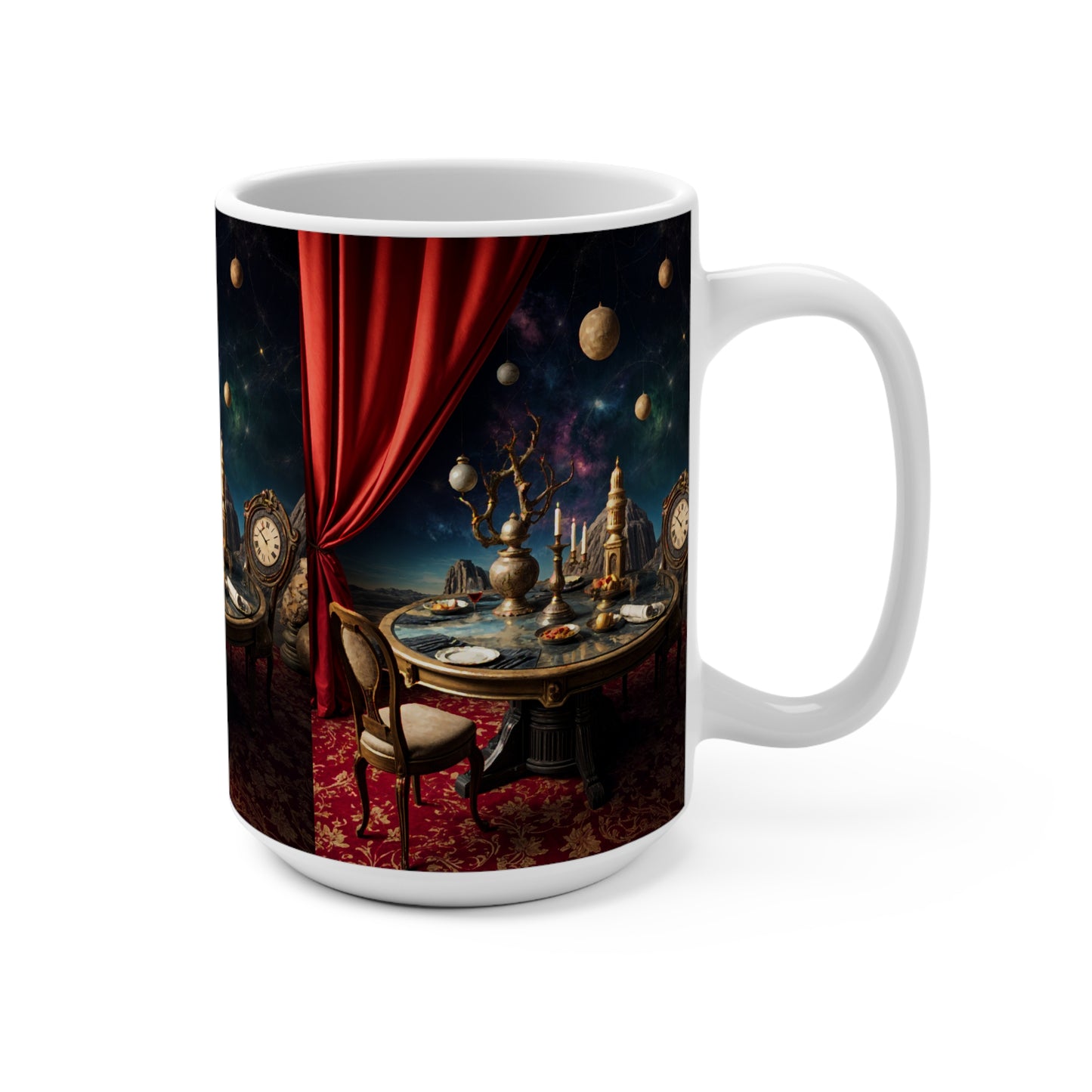 Elegant 15oz Cosmic Mug - Vintage Table Scene with Celestial Accents
