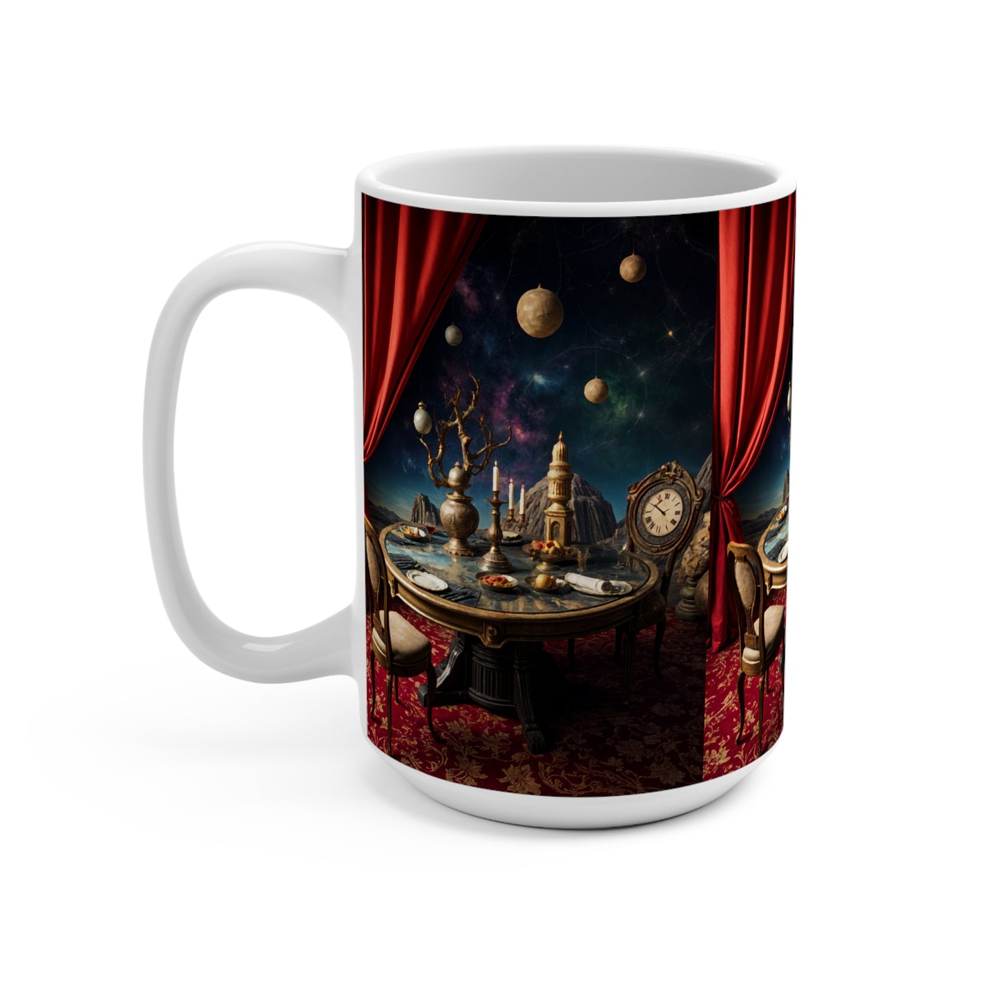 Elegant 15oz Cosmic Mug - Vintage Table Scene with Celestial Accents