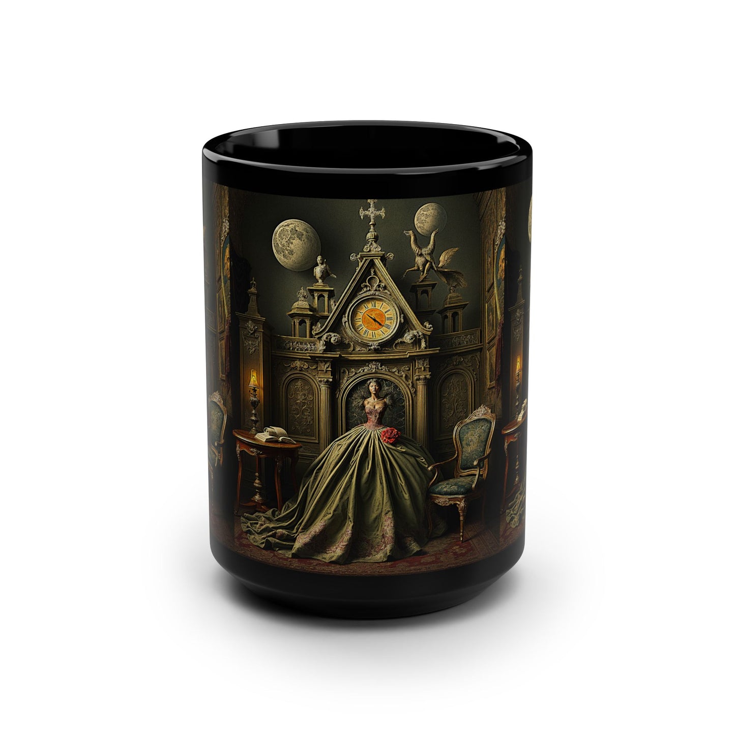 Gothic Elegance Black Mug - 15oz, Victorian Lady Design