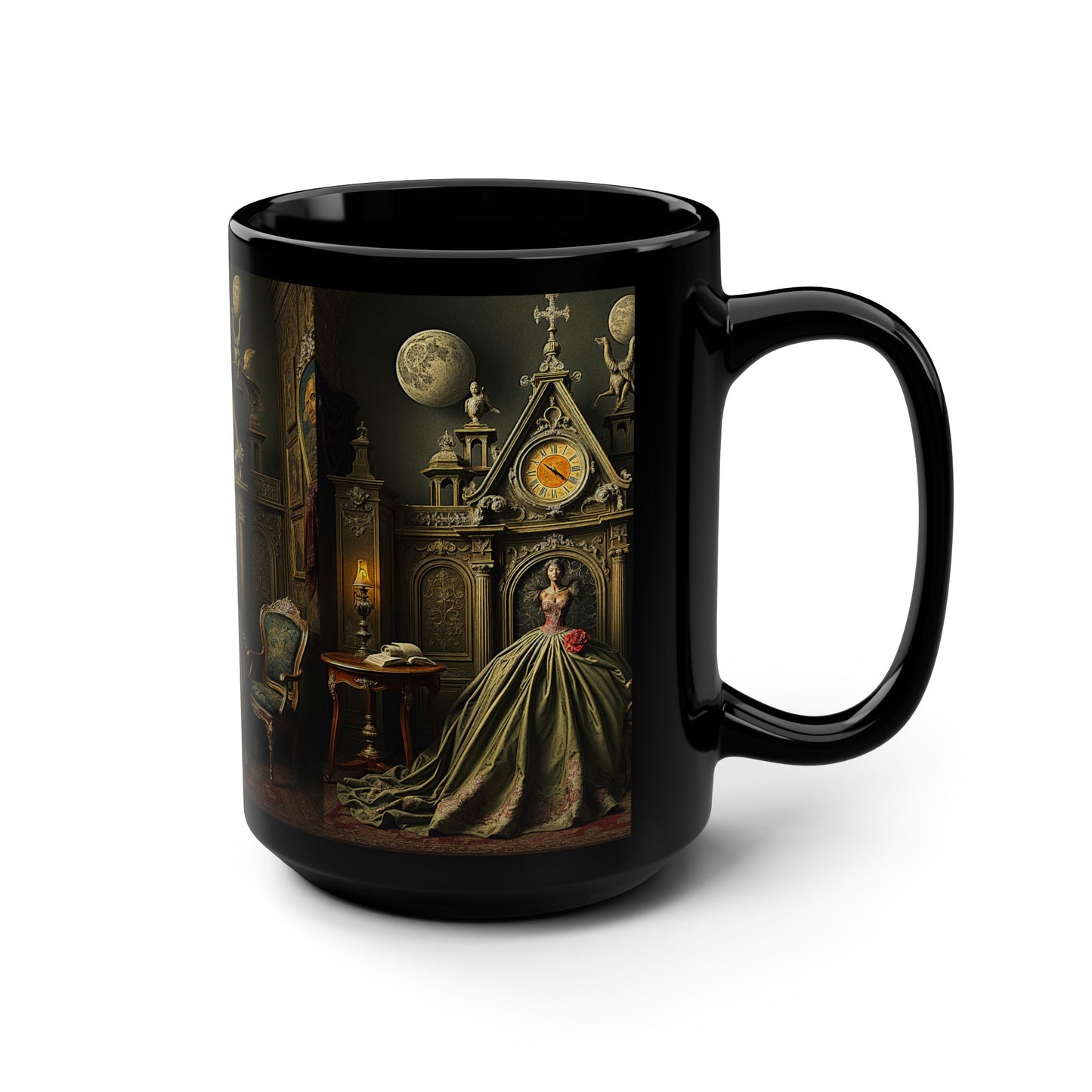 Gothic Elegance Black Mug - 15oz, Victorian Lady Design