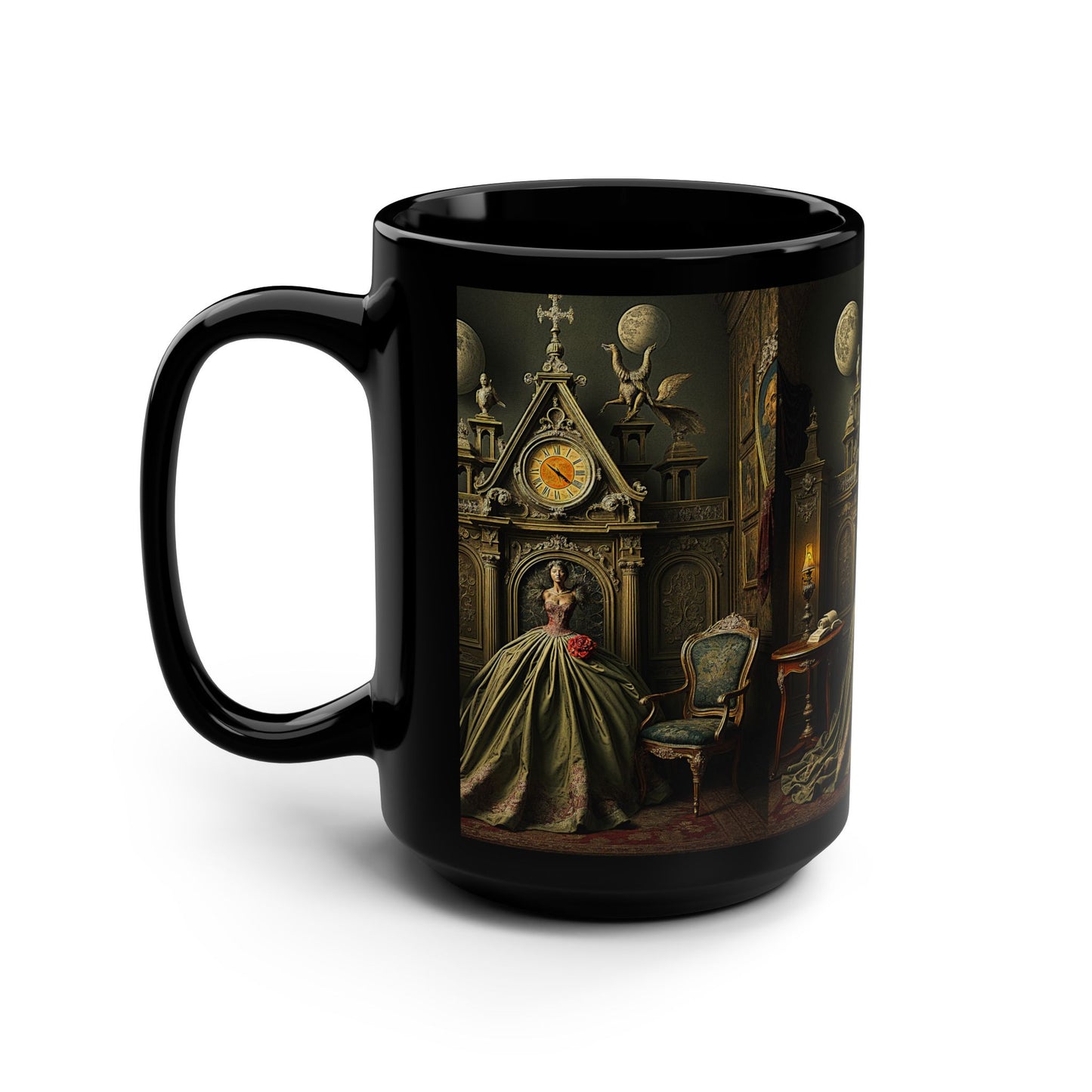 Gothic Elegance Black Mug - 15oz, Victorian Lady Design