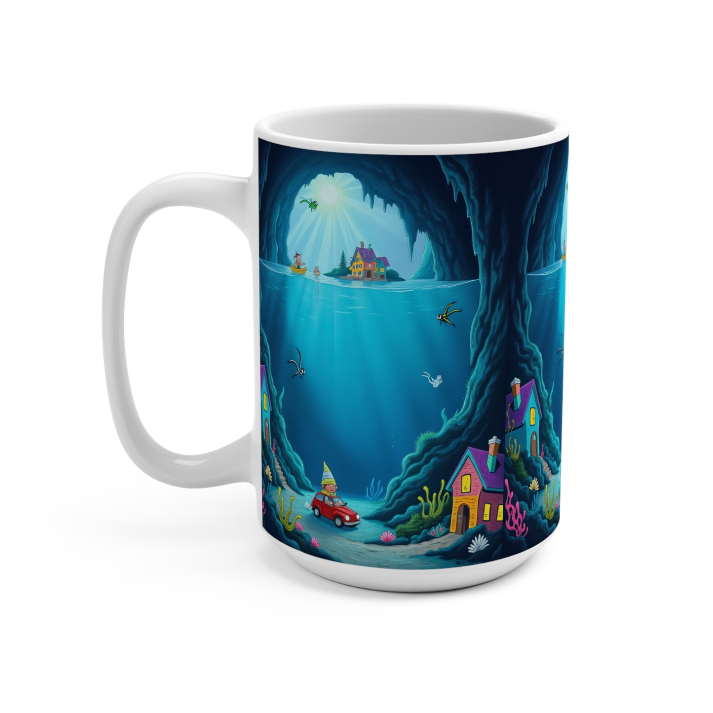 Underwater Adventure Mug 15oz - Colorful Ocean Scene with Houses