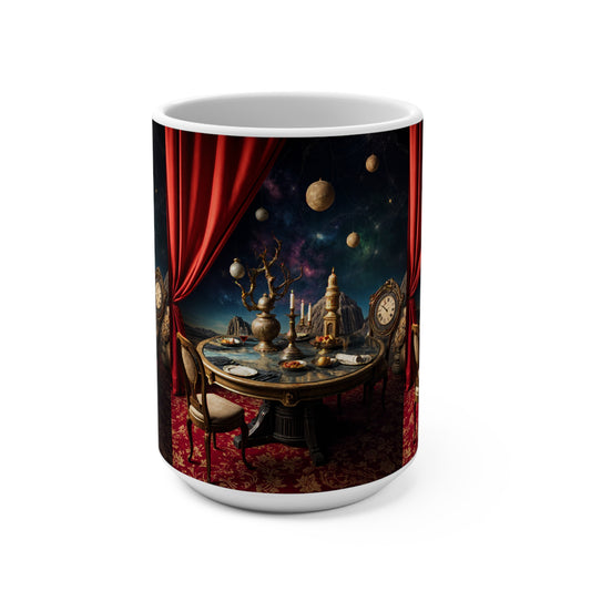 Elegant 15oz Cosmic Mug - Vintage Table Scene with Celestial Accents